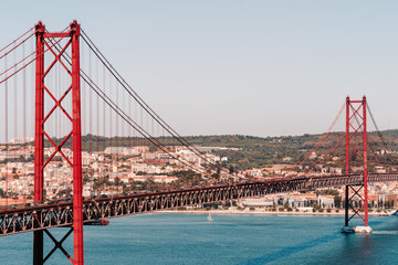 Aerial view of April 25th bridge crossing the Tagus river in Lisbon, Portugal.