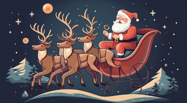Christmas Greeting Card. Santa Claus with Reindeer Sleigh. Christmas Concept.  Santa Claus.