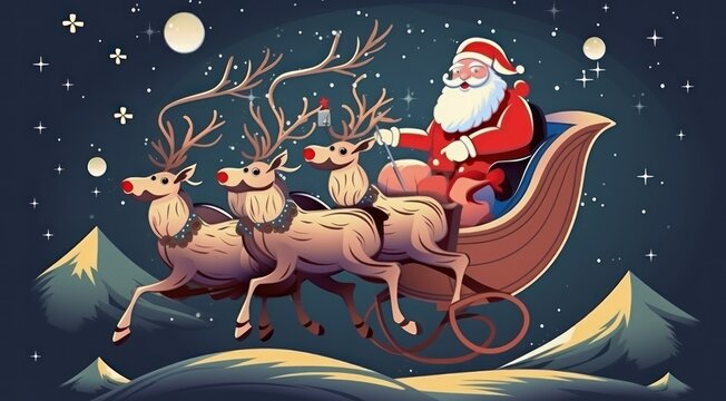 Christmas Greeting Card. Santa Claus with Reindeer Sleigh. Christmas Concept.  Santa Claus.