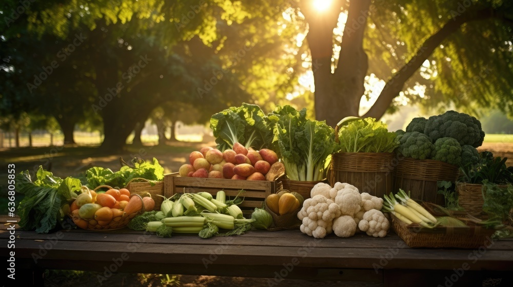 Poster a table topped with lots of different types of vegetables. generative ai.