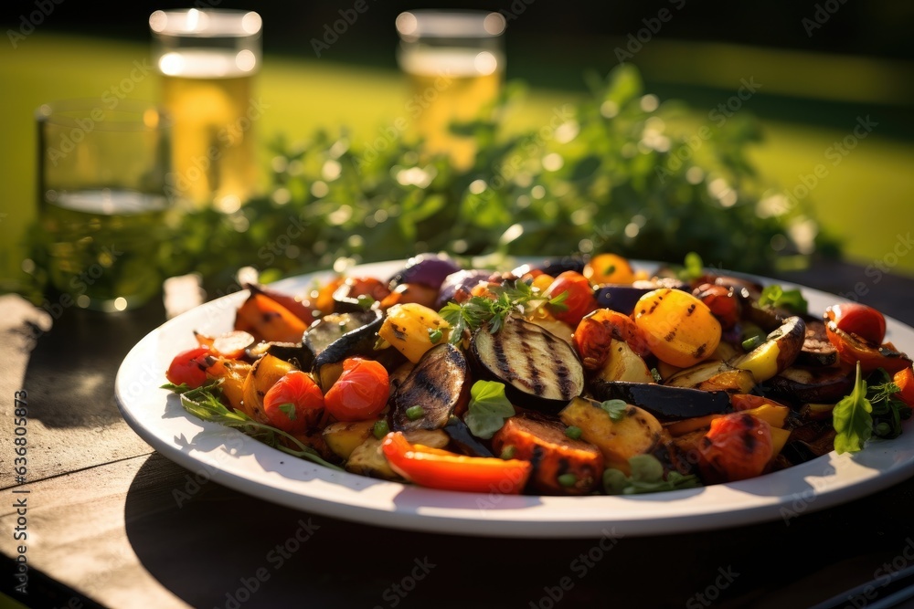 Canvas Prints A plate of vegetables on a table with a glass of beer. Generative AI.