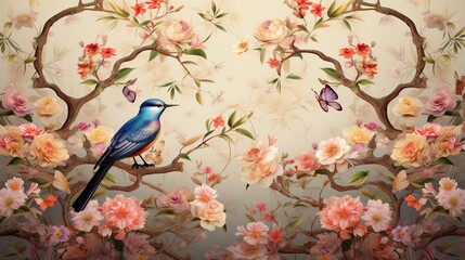 Tropical vintage bird, palm tree and plant floral background. Exotic jungle chinoiserie wallpaper