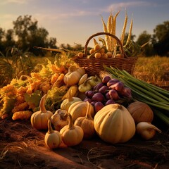 A bunch of vegetables sitting on top of a field. Generative AI.