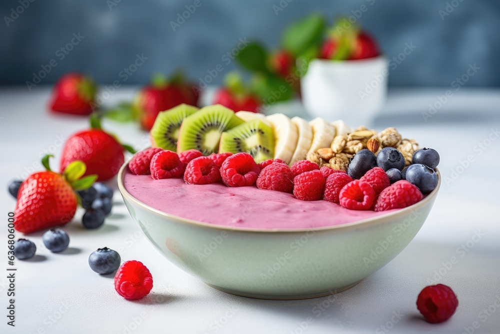 Poster a bowl of fruit and nuts on a table. generative ai.