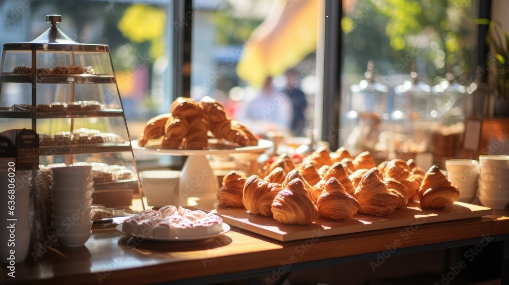 Poster a table topped with lots of pastries next to a window. generative ai.