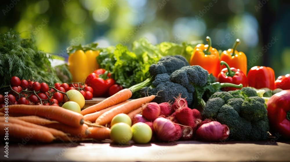 Poster a table topped with lots of different types of vegetables. generative ai.