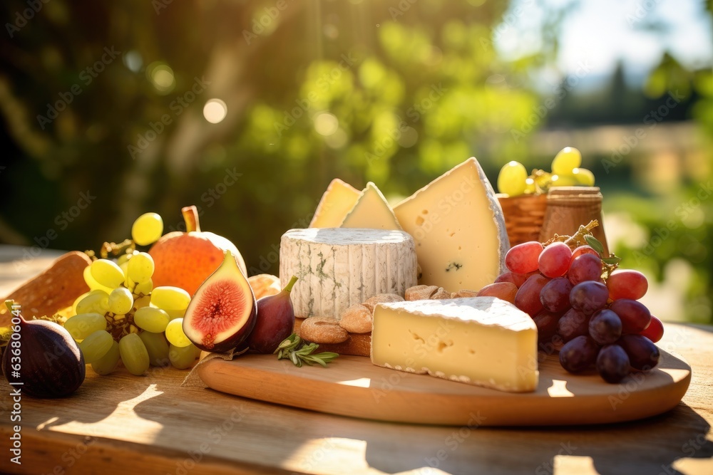 Aufkleber a wooden table topped with lots of different types of cheese. generative ai.