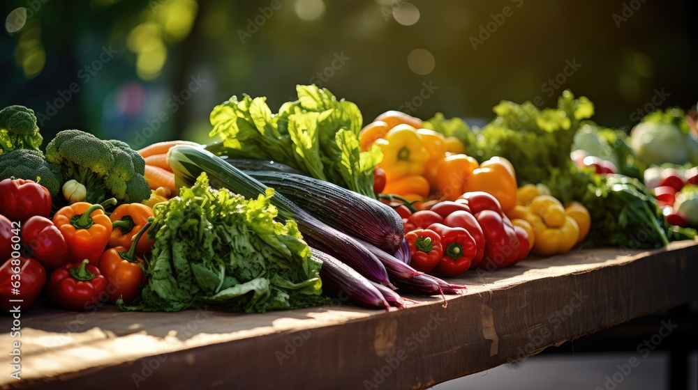Poster a table topped with lots of different types of vegetables. generative ai.
