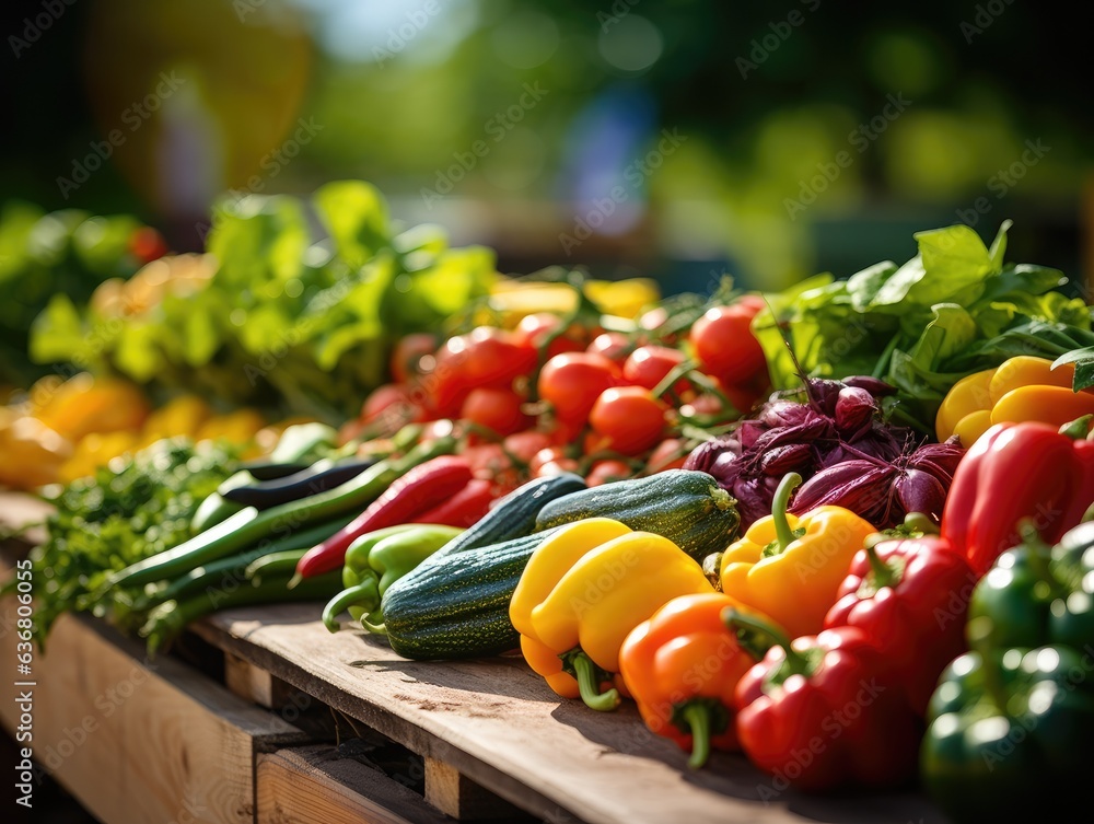 Poster a wooden table topped with lots of different types of vegetables. generative ai.