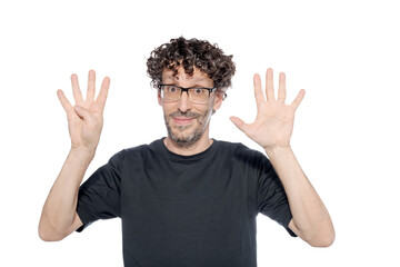 Naklejka premium Middle-aged man making the number eight with his fingers, on white background.