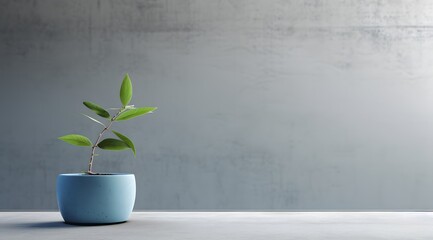  A green plant is growing in a flower pot on bluish gray background, minimalist backgrounds