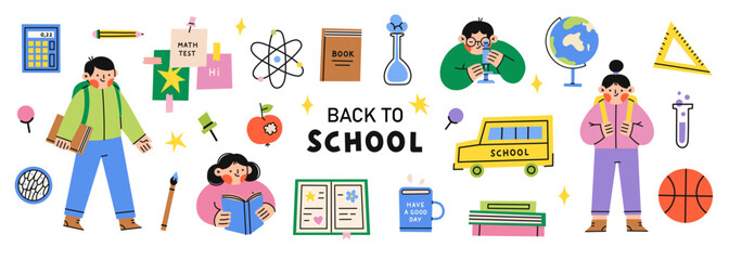 Back to school set. Collection of student characters and school supplies. Vector flat illustration.