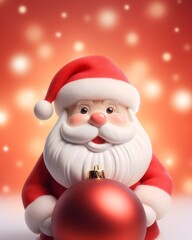 Santa Claus figurine with red Christmas decoration ball. Concept of Christmas spirit and New Year's celebration, gifts and presents