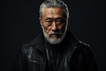 Obraz premium Serious middle-aged asian man with black background with copy space