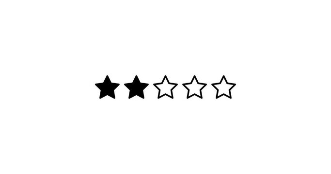 Five Stars Rating animation. Set of Stars. Two Star Rating on White Background. Product Quality, Feedback, Customer review.