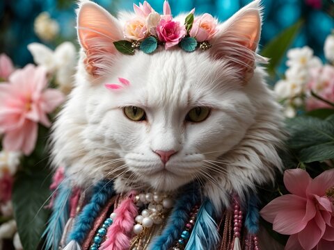 Gata branca com cara de s&eacute;ria e brava contrastando com adornos de flores coloridas e delicadas