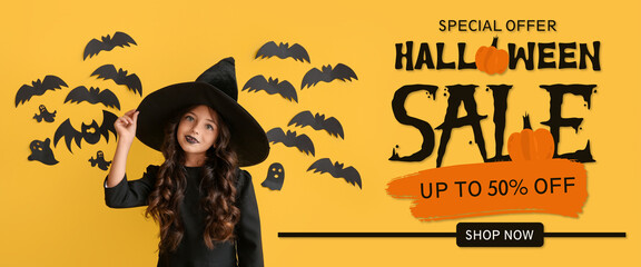 Banner for Halloween sale with little girl dressed as witch