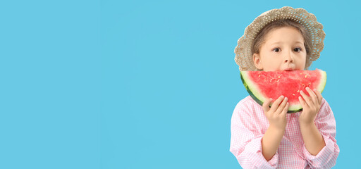 Little girl eating fresh watermelon on light blue background with space for text