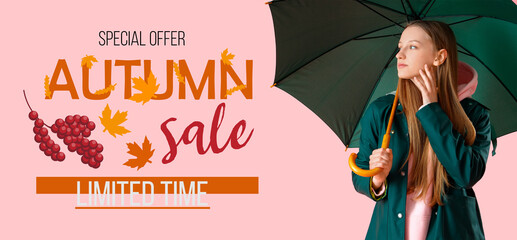 Banner for autumn sale with stylish young woman