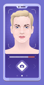 Biometric Facial Recognition. A female portrait with biometric recognition data over her face are on the background with a binary code. All of these are at a smartphone screen of a mobile app.