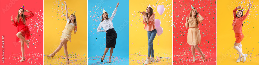 Sticker Collage of happy women celebrating Birthday on color background