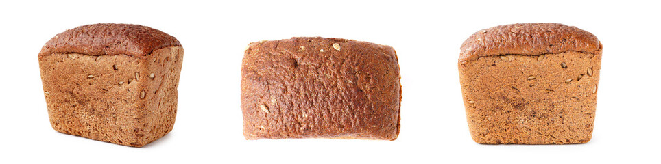 Collage of rye bread loaves on white background