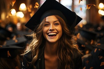 Obraz premium Caps take flight against a backdrop of accomplishment and cheers, capturing the vibrancy and emotion of a graduation ceremony's exhilarating climax