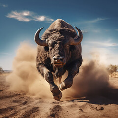 African buffalo Cow running with dust