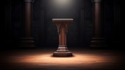 3D illustration of gothic interior with wooden pedestal for product display. a wooden pulpit in a dark room with a spotlight. - obrazy, fototapety, plakaty