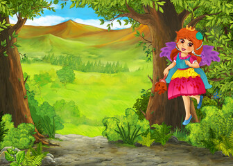 Obraz na płótnie Canvas Cartoon nature scene near the forest with a path - illustration