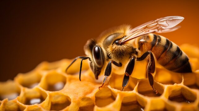 Photo of a bee on a honeycomb, capturing the intricate details of nature's work