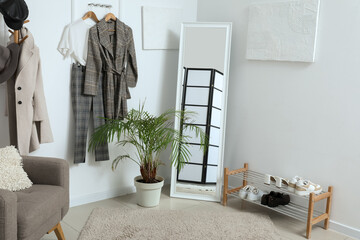 Interior of light hallway with mirror, shoe stand and houseplant