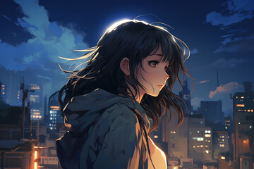 Fototapeta premium Lonely anime girl looking at the night city.