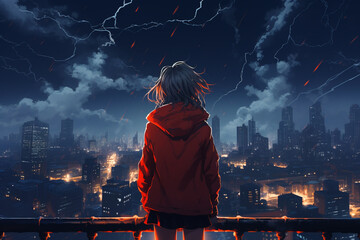 Lonely anime girl looking at the night city.	