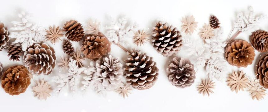 Anamorphic video New Year composition white Christmas snowflakes. Christmas decor background with pine cones