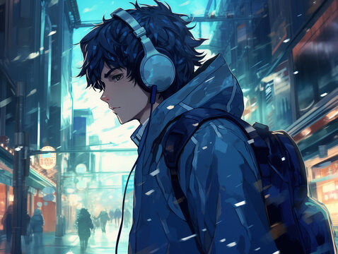 Anime guy with headphones on city street.	
