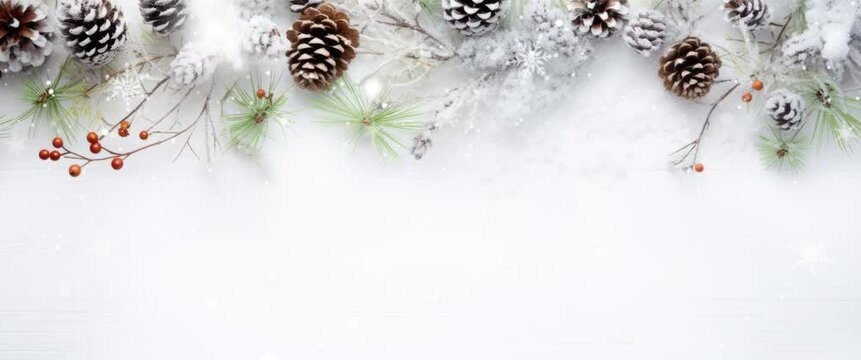 Anamorphic video New Year composition white Christmas snowflakes. Christmas decor background with pine cones