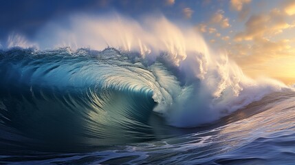 Photo of a massive wave crashing in the open ocean