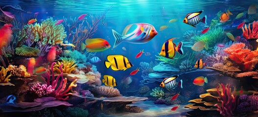 Naklejka premium Scenic seascape with diverse marine creatures and colorful coral formations. Concept of underwater exploration and diverse aquatic environment.