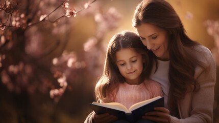 Obraz premium The image of a mother reading a storybook to her daughter under cinematic lighting, beautiful and lovely