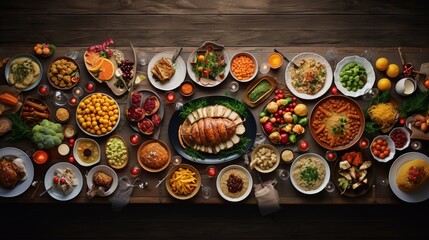 Photo of a bountiful variety of delicious dishes displayed on a table for thanksgiving