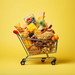 Photo of a shopping cart filled with a variety of snacks