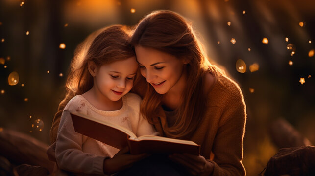 The image of a mother reading a storybook to her daughter under cinematic lighting, beautiful and lovely