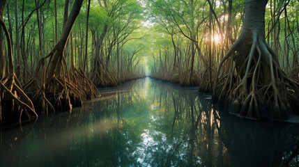 Morning view of quiet mangrove forest trees and small stream