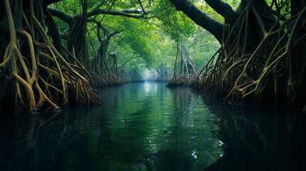 Morning view of quiet mangrove forest trees and small stream