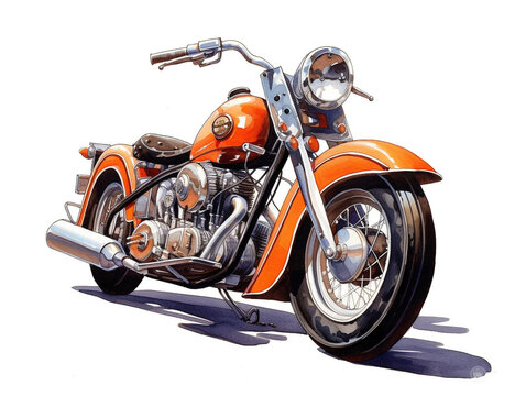 A chopper or bobber type motorcycle using watercolor medium. Isolated on white background.