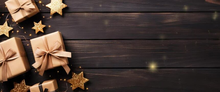 Anamorphic video Christmas flat lay with craft gift boxes, garland lights and decorations on dark wooden background.