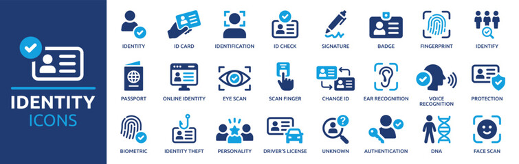 Identity icon set. Containing ID card, biometric, fingerprint, identification, passport, DNA and authentication icons. Solid icon collection. Vector illustration. - obrazy, fototapety, plakaty