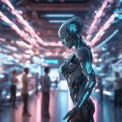 Cybernetic humanoid on factory backdrop pulsates with advanced machinery, neon lights, and dynamic assembly lines