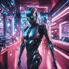 Cybernetic humanoid on factory backdrop pulsates with advanced machinery, neon lights, dynamic assembly lines, cyber, robot female